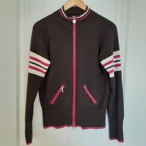 Neve Full Zip Mock Neck Wool Cardigan Sweater with Zip Pockets Brown Size L